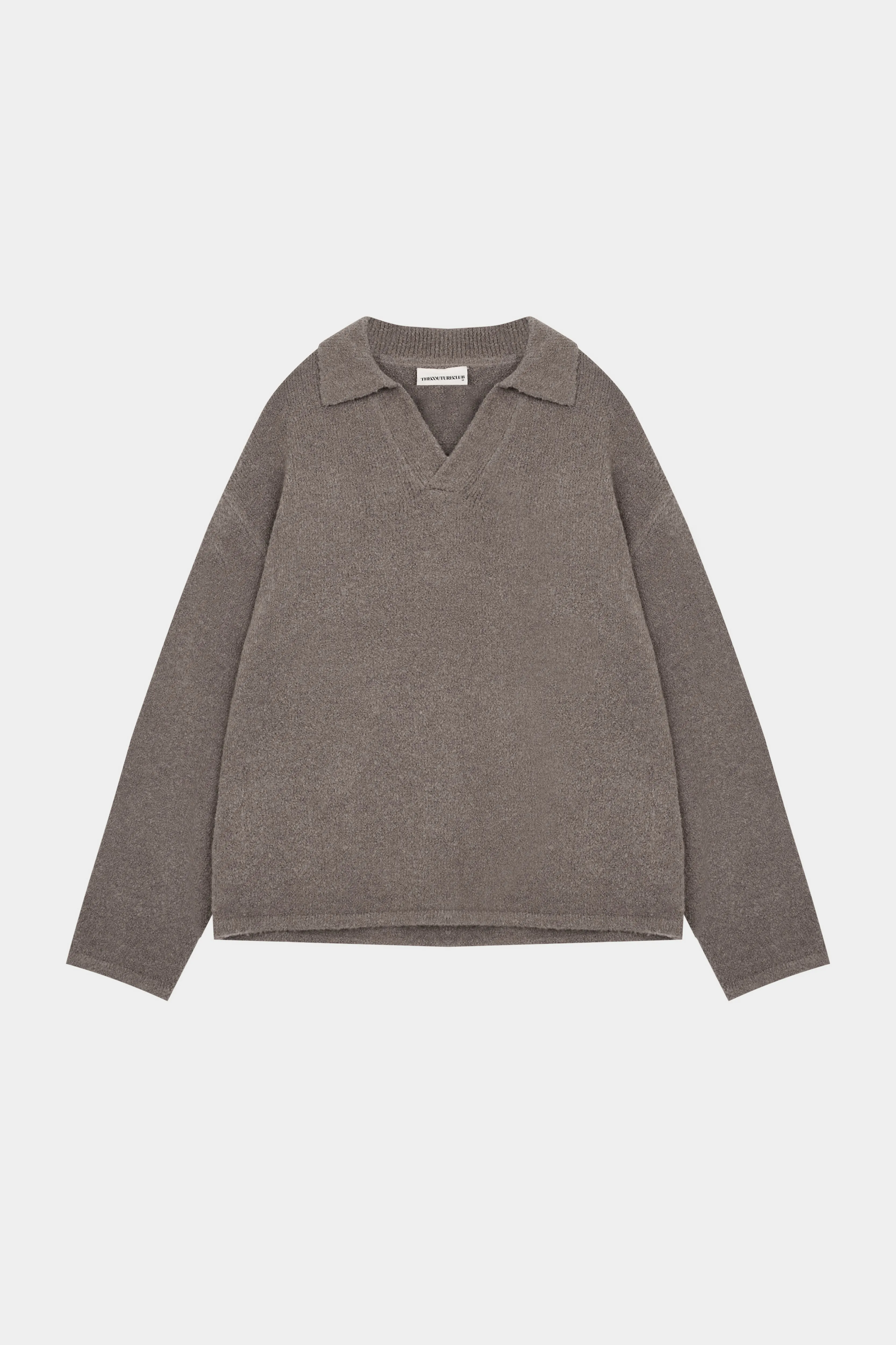 BOUCLE KNIT LONG SLEEVE POLO - BROWN