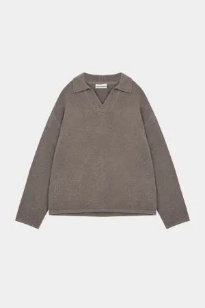 BOUCLE KNIT LONG SLEEVE POLO - BROWN