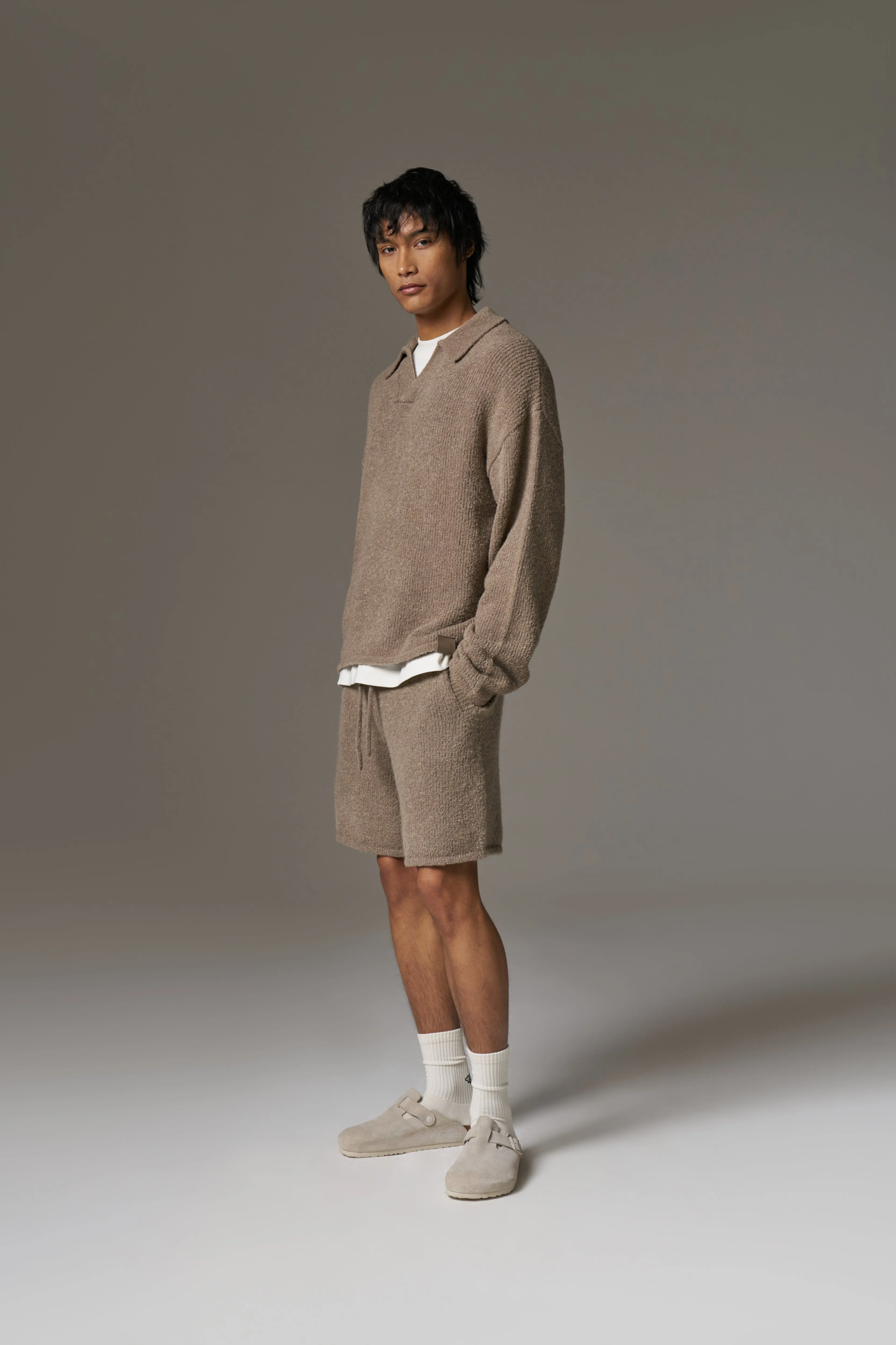 BOUCLE KNIT LONG SLEEVE POLO - BROWN