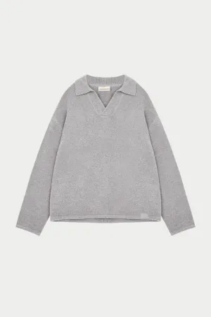 BOUCLE KNIT LONG SLEEVE POLO - GREY MARL