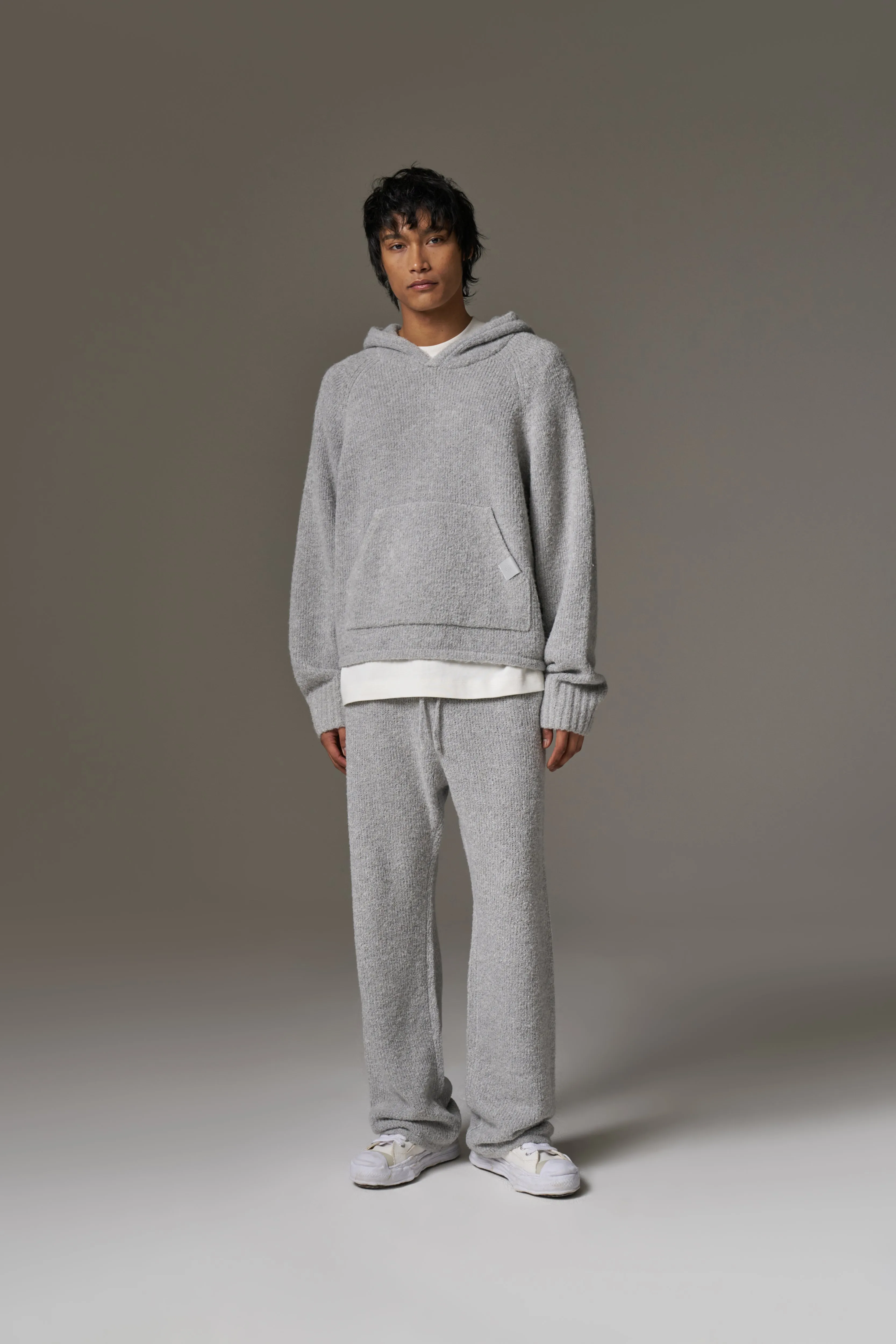 BOUCLE KNIT LONG SLEEVE POLO - GREY MARL