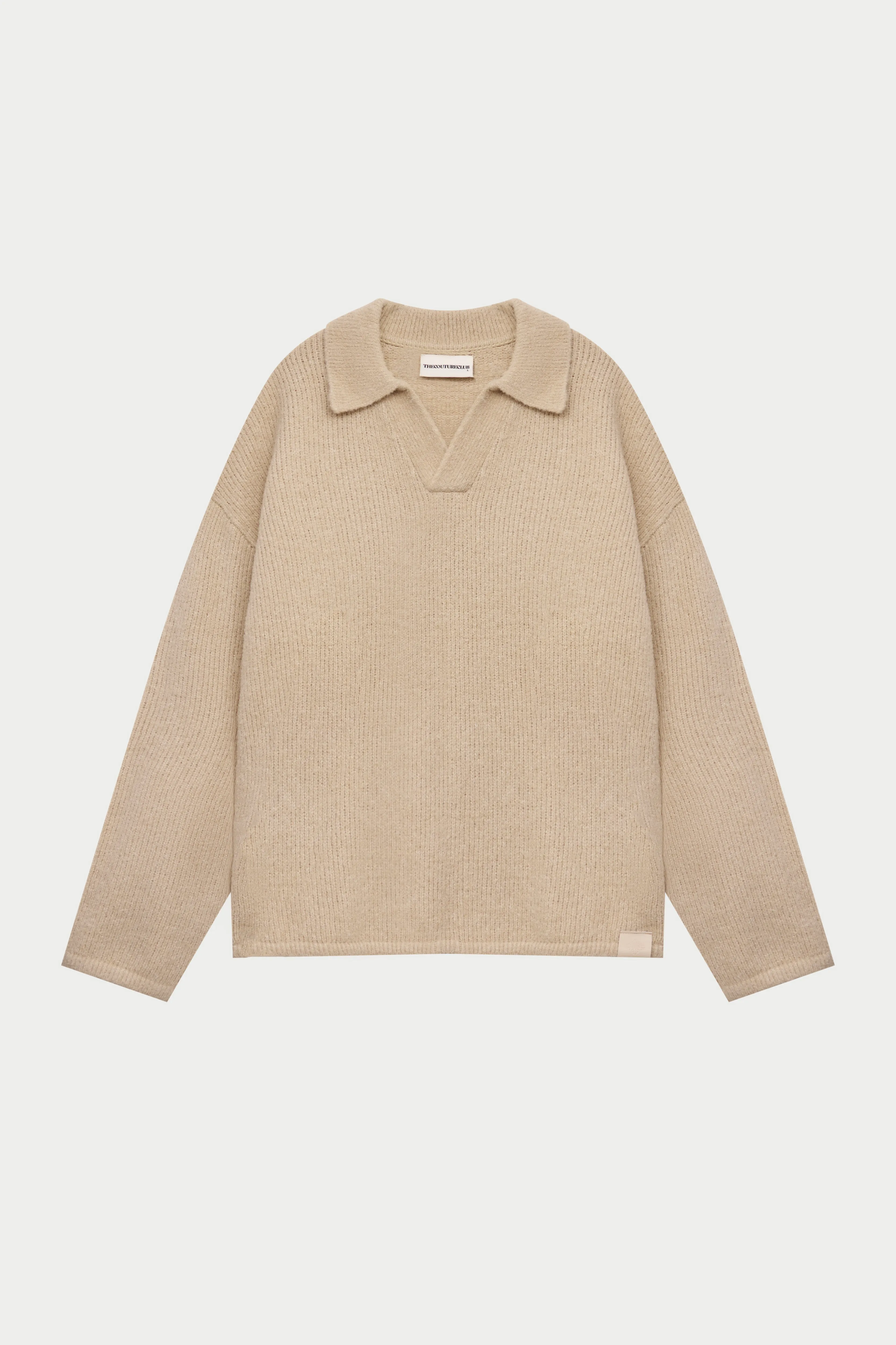 BOUCLE KNIT LONG SLEEVE POLO - STONE