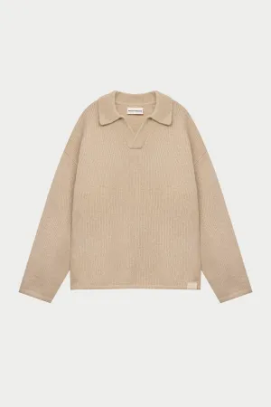BOUCLE KNIT LONG SLEEVE POLO - STONE