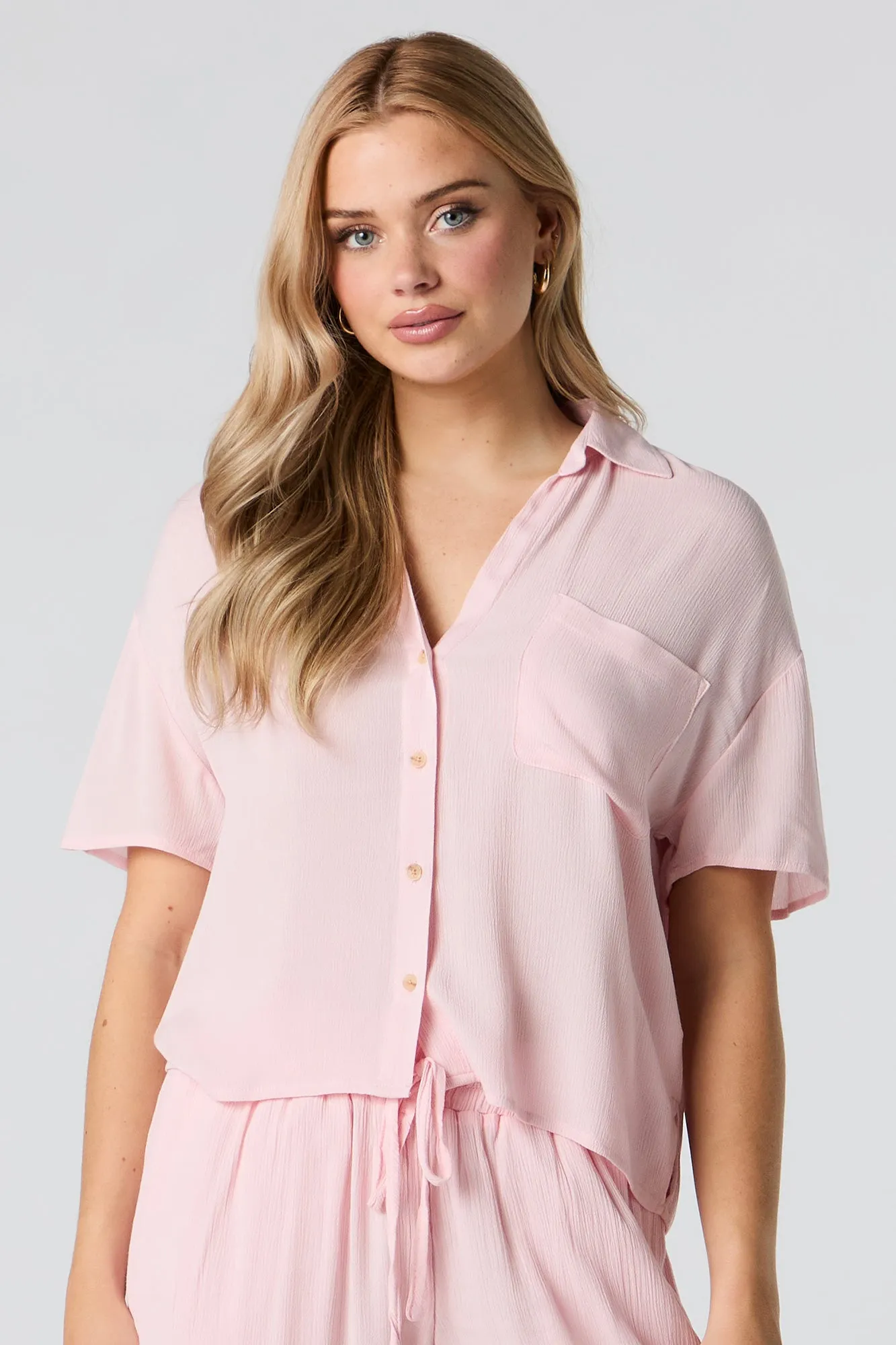 Crinkle Oversized Button-Up Top