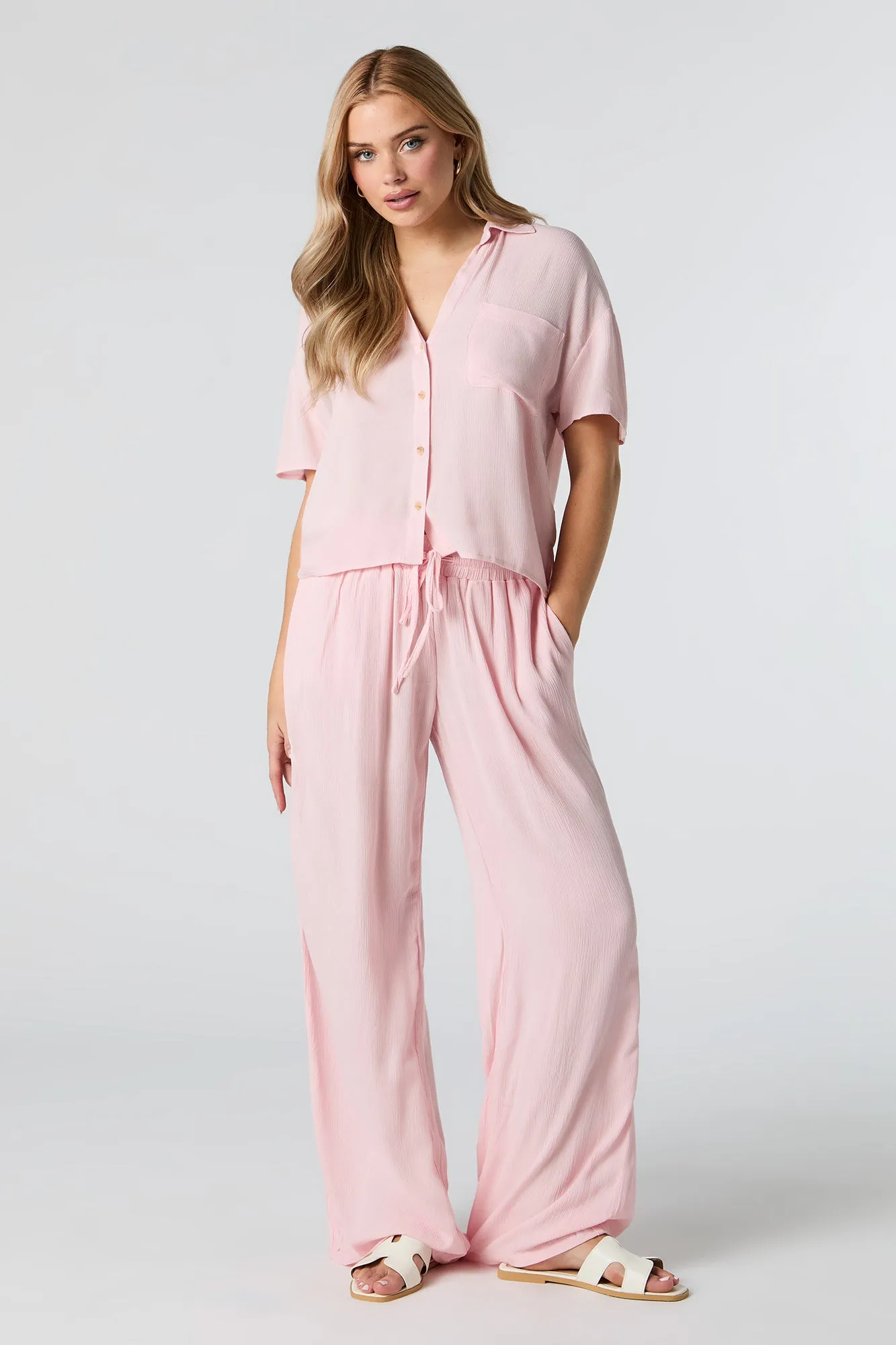 Crinkle Oversized Button-Up Top