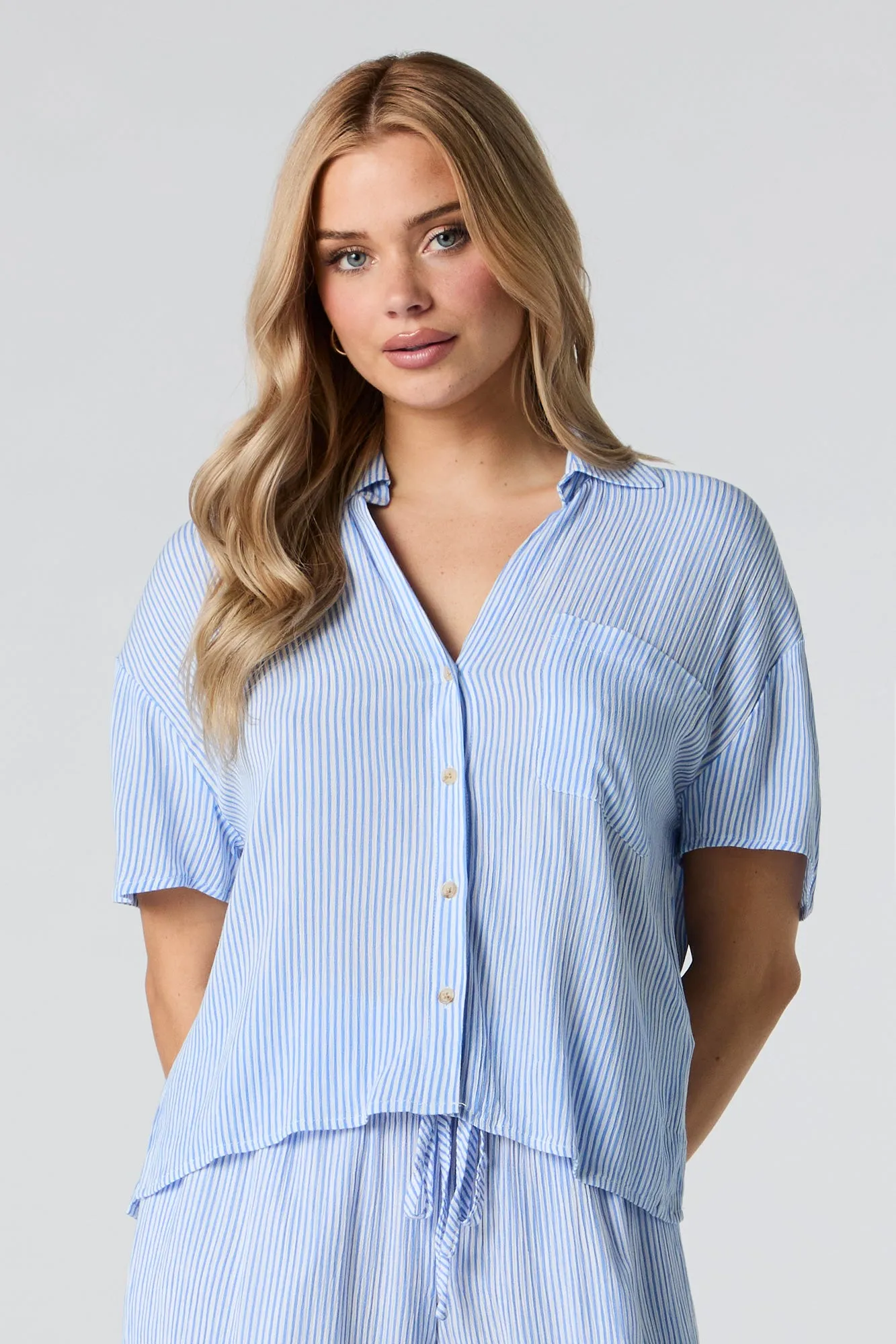 Crinkle Oversized Button-Up Top