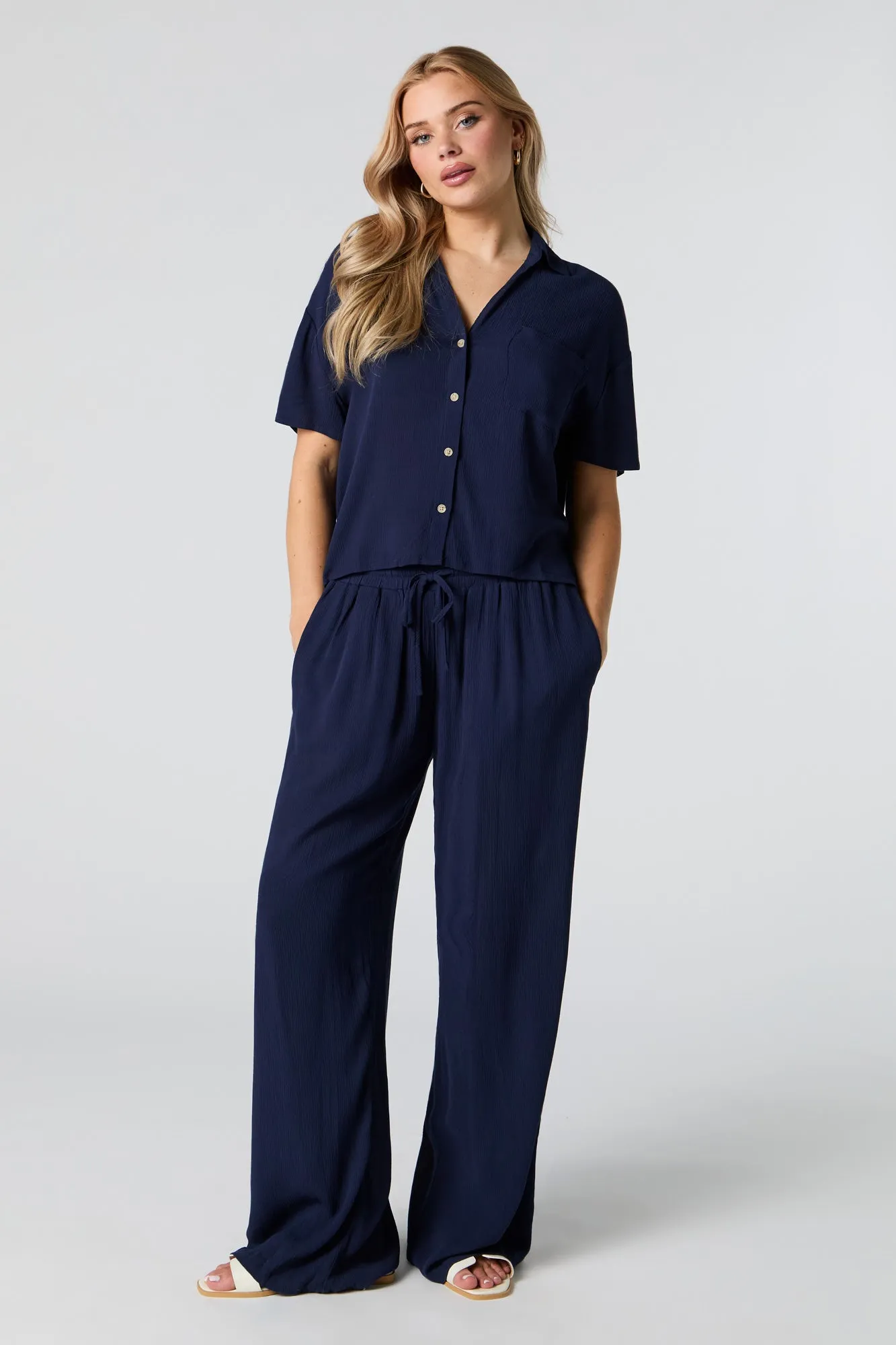 Crinkle Oversized Button-Up Top
