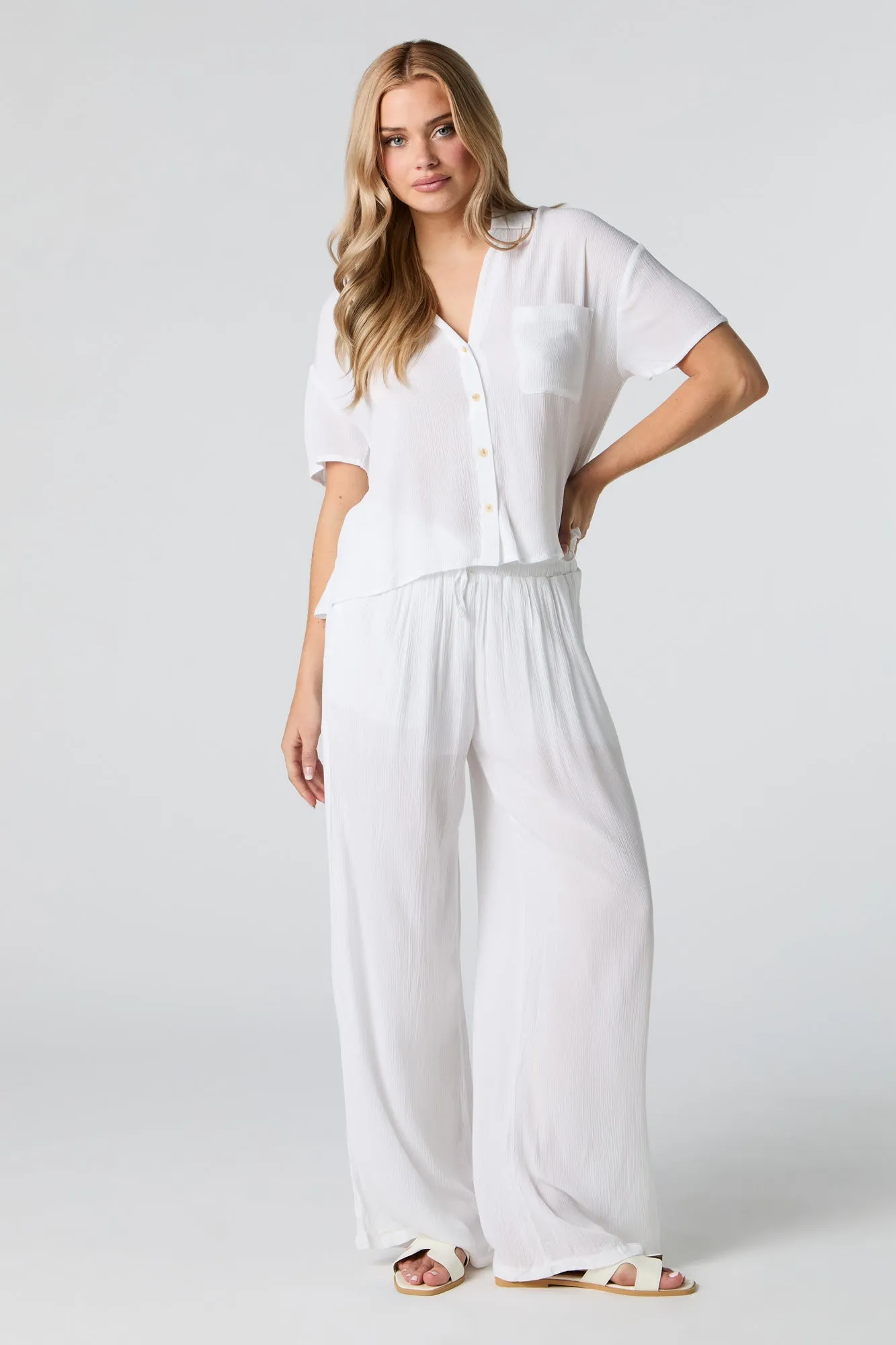 Crinkle Oversized Button-Up Top