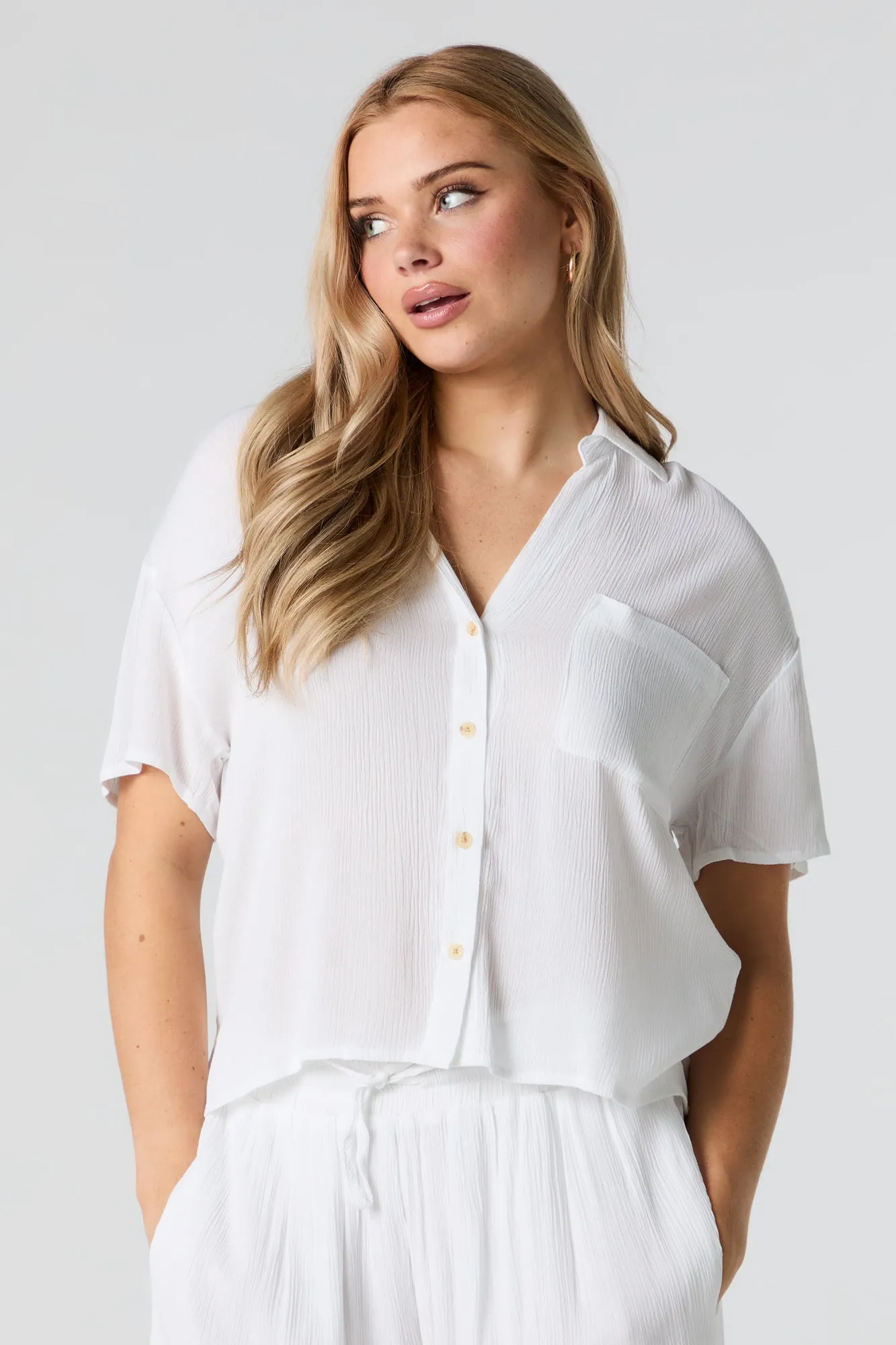Crinkle Oversized Button-Up Top