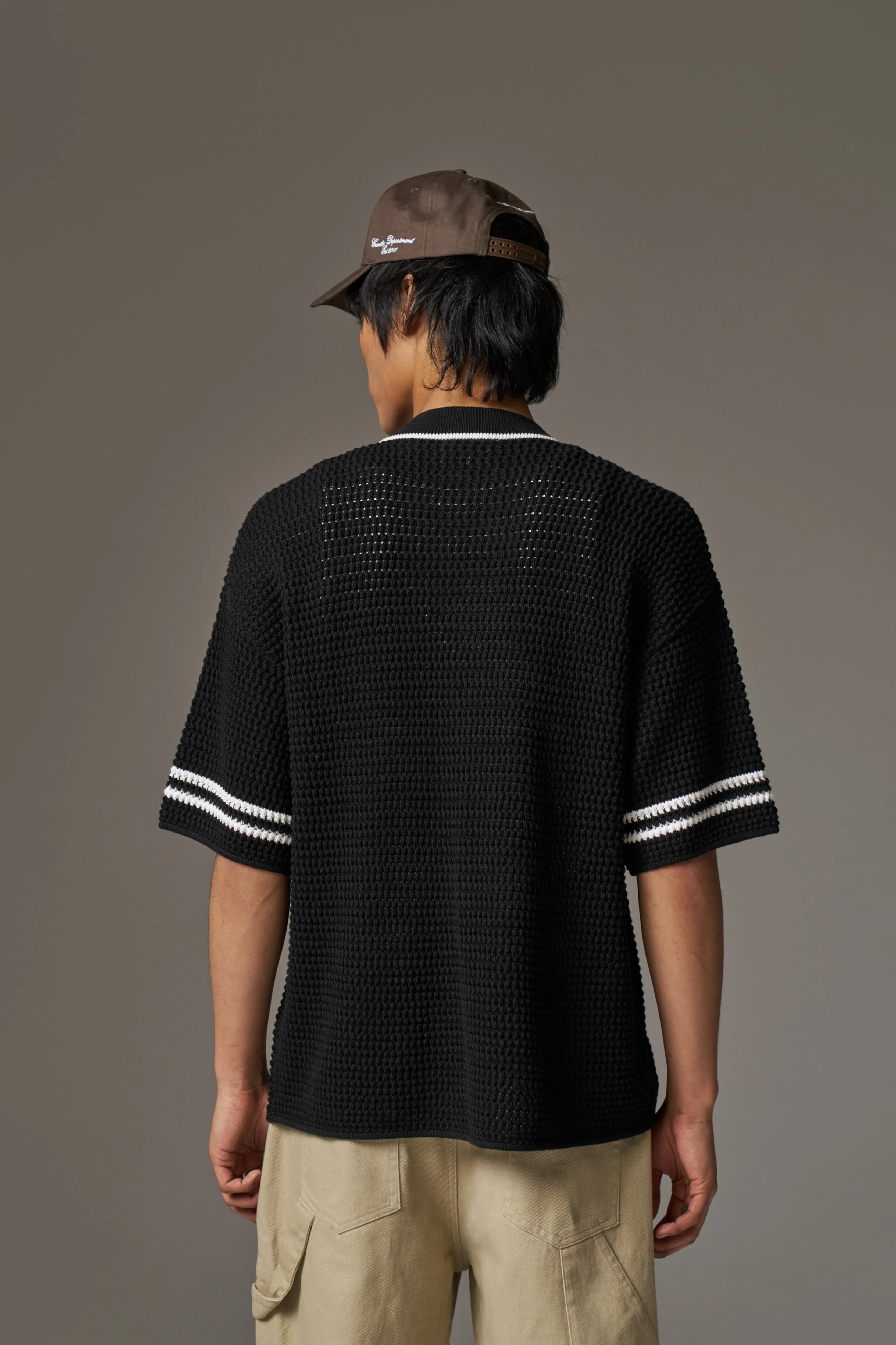CROCHET KNITTED BASEBALL SHIRT - BLACK