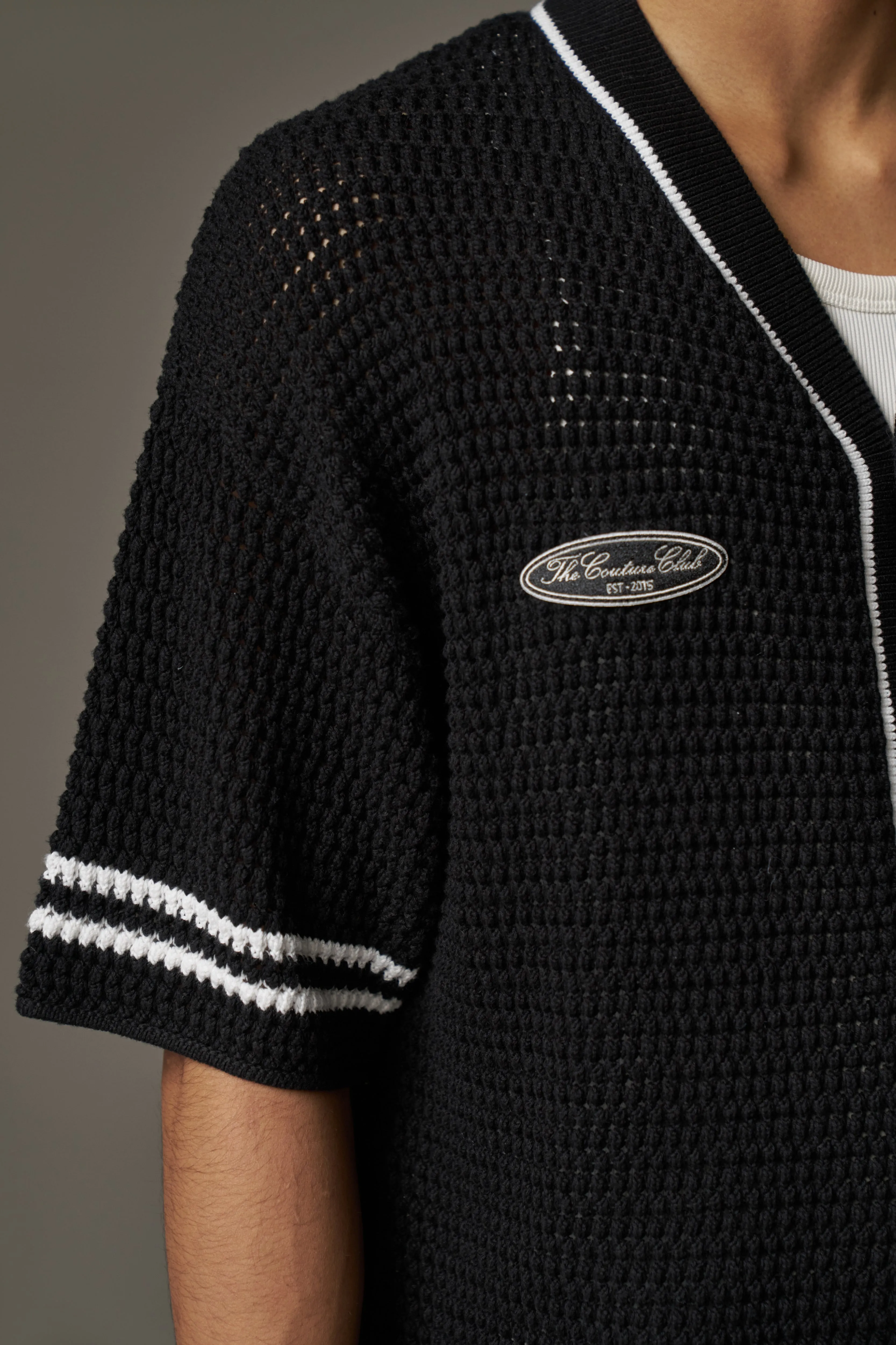CROCHET KNITTED BASEBALL SHIRT - BLACK
