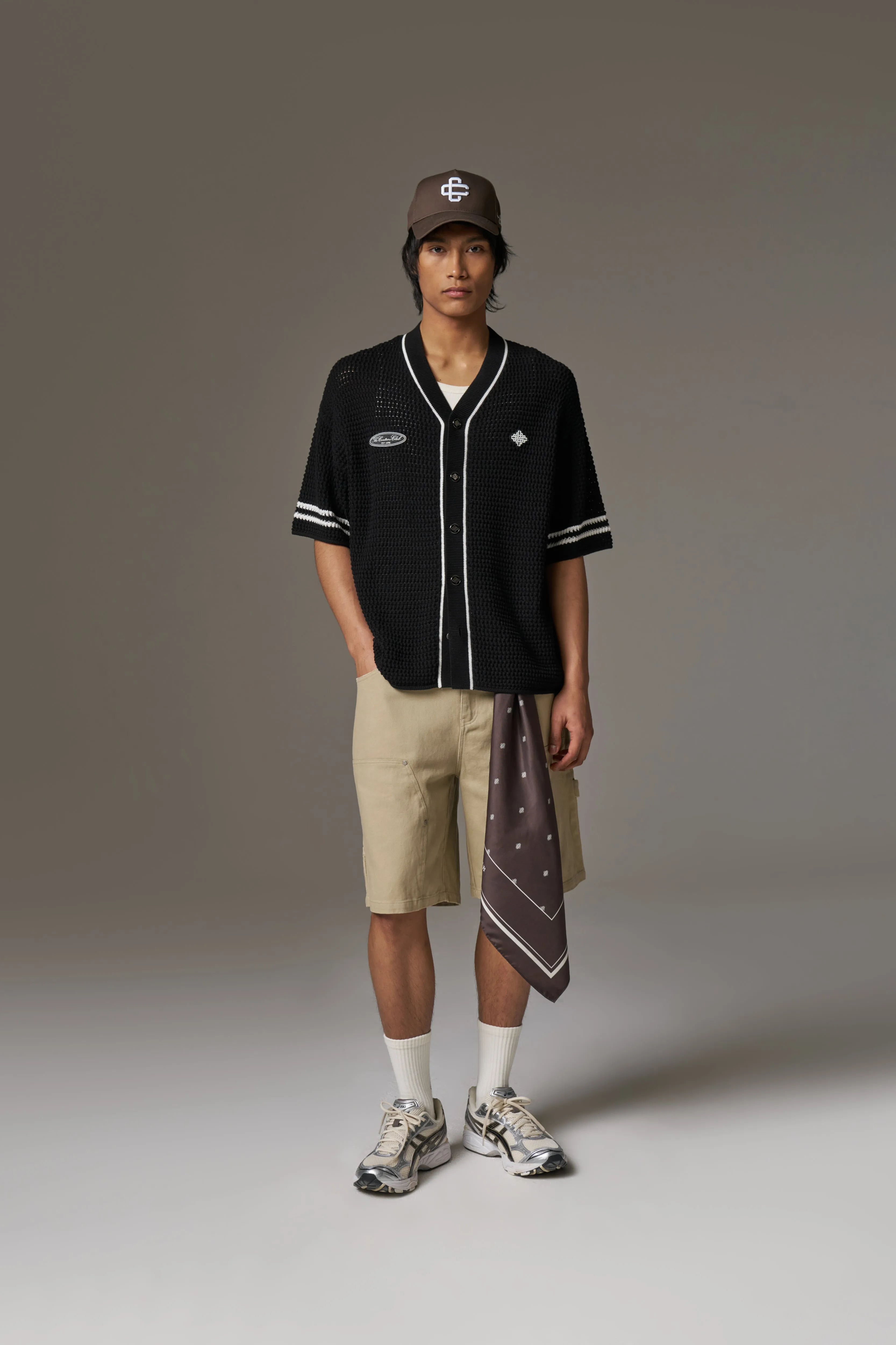 CROCHET KNITTED BASEBALL SHIRT - BLACK