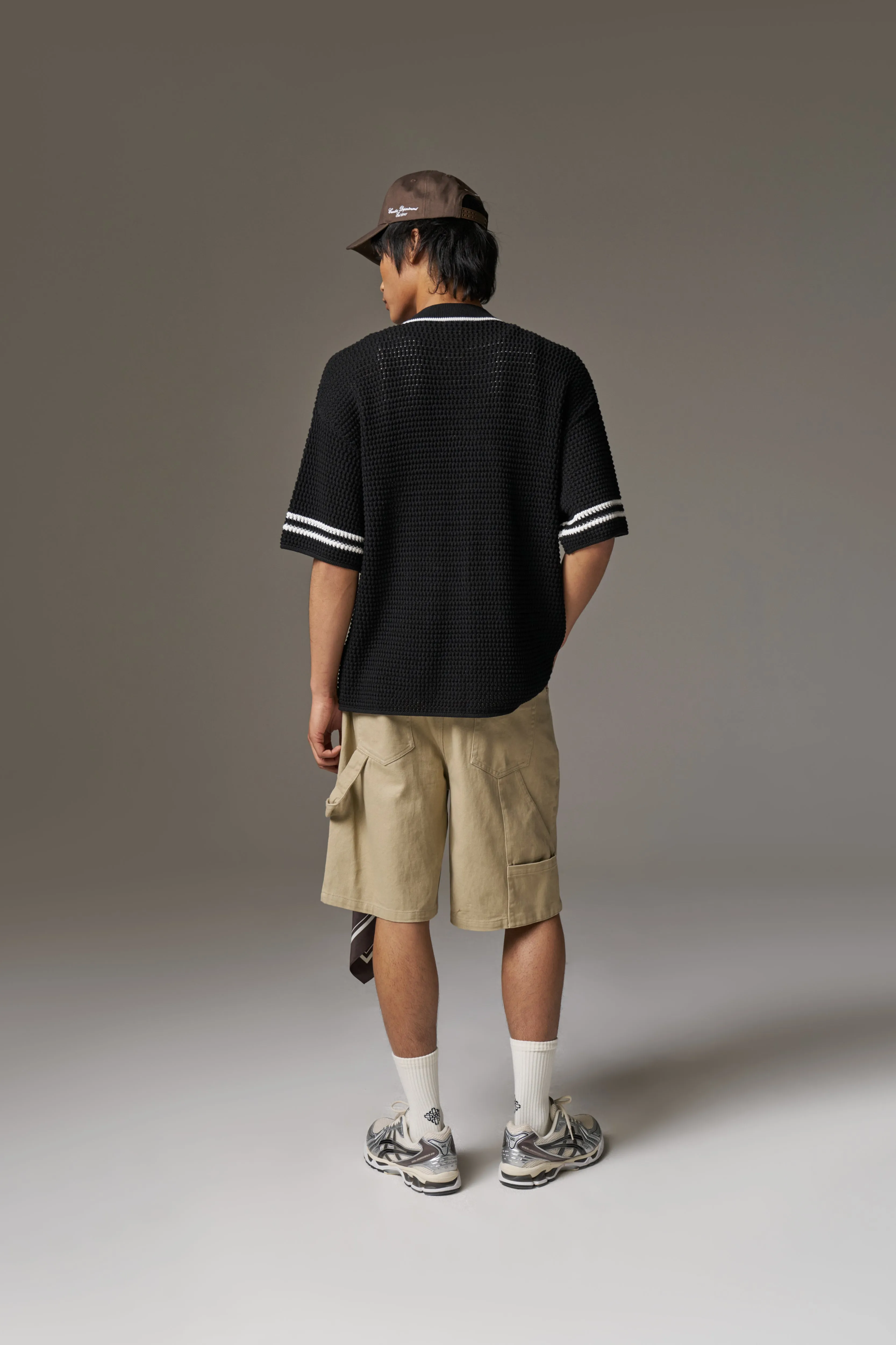 CROCHET KNITTED BASEBALL SHIRT - BLACK