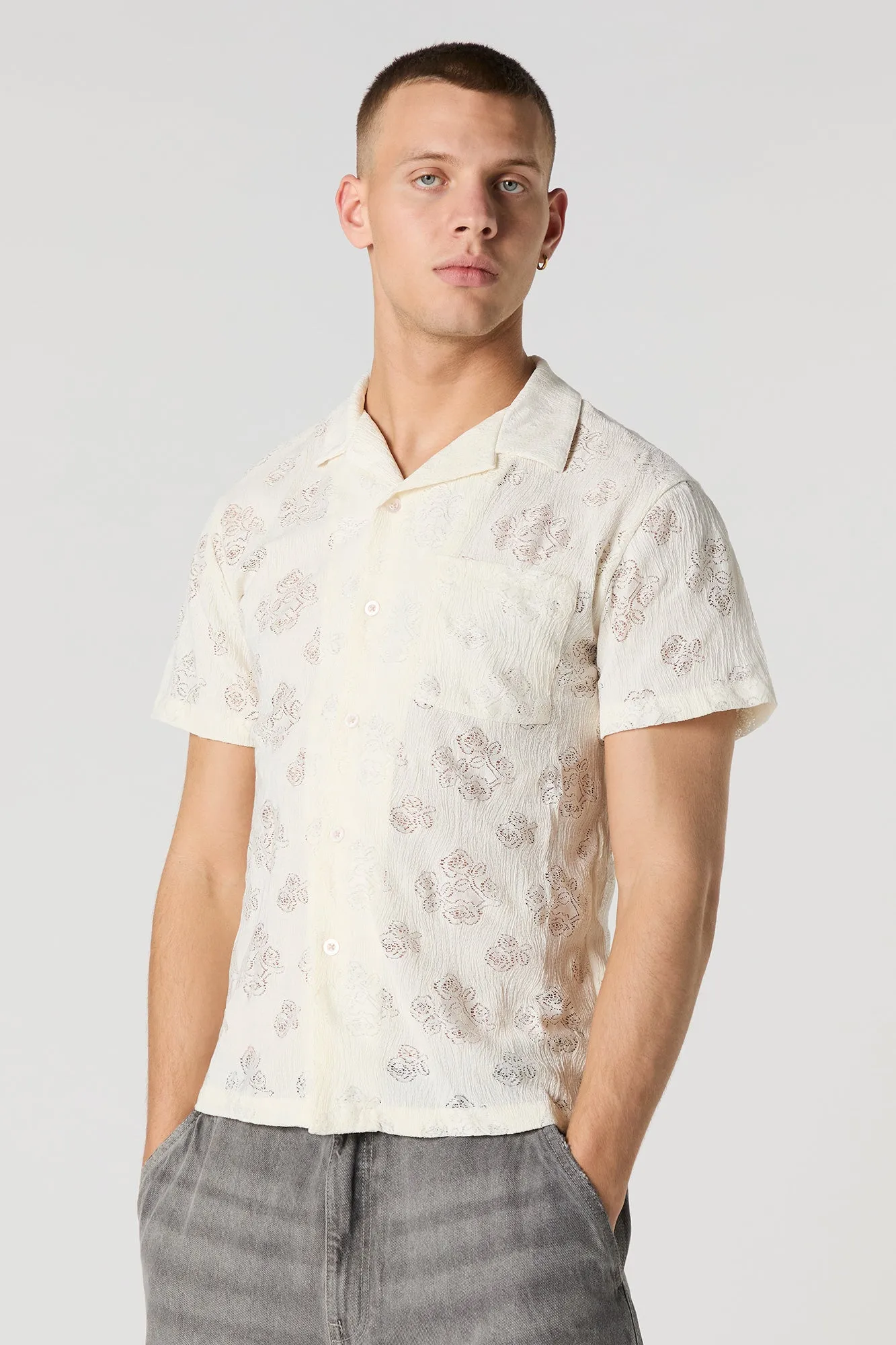 Floral Pointelle Knit Button-Up Top
