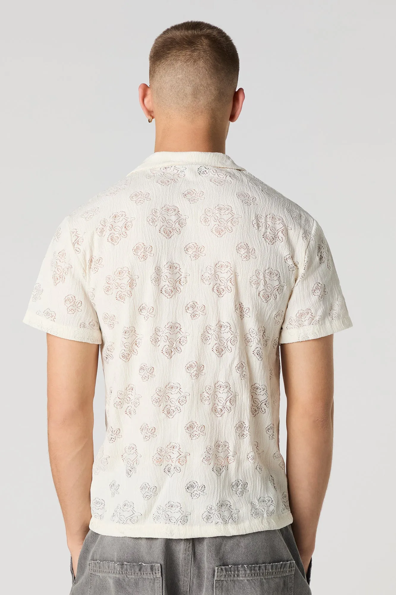 Floral Pointelle Knit Button-Up Top