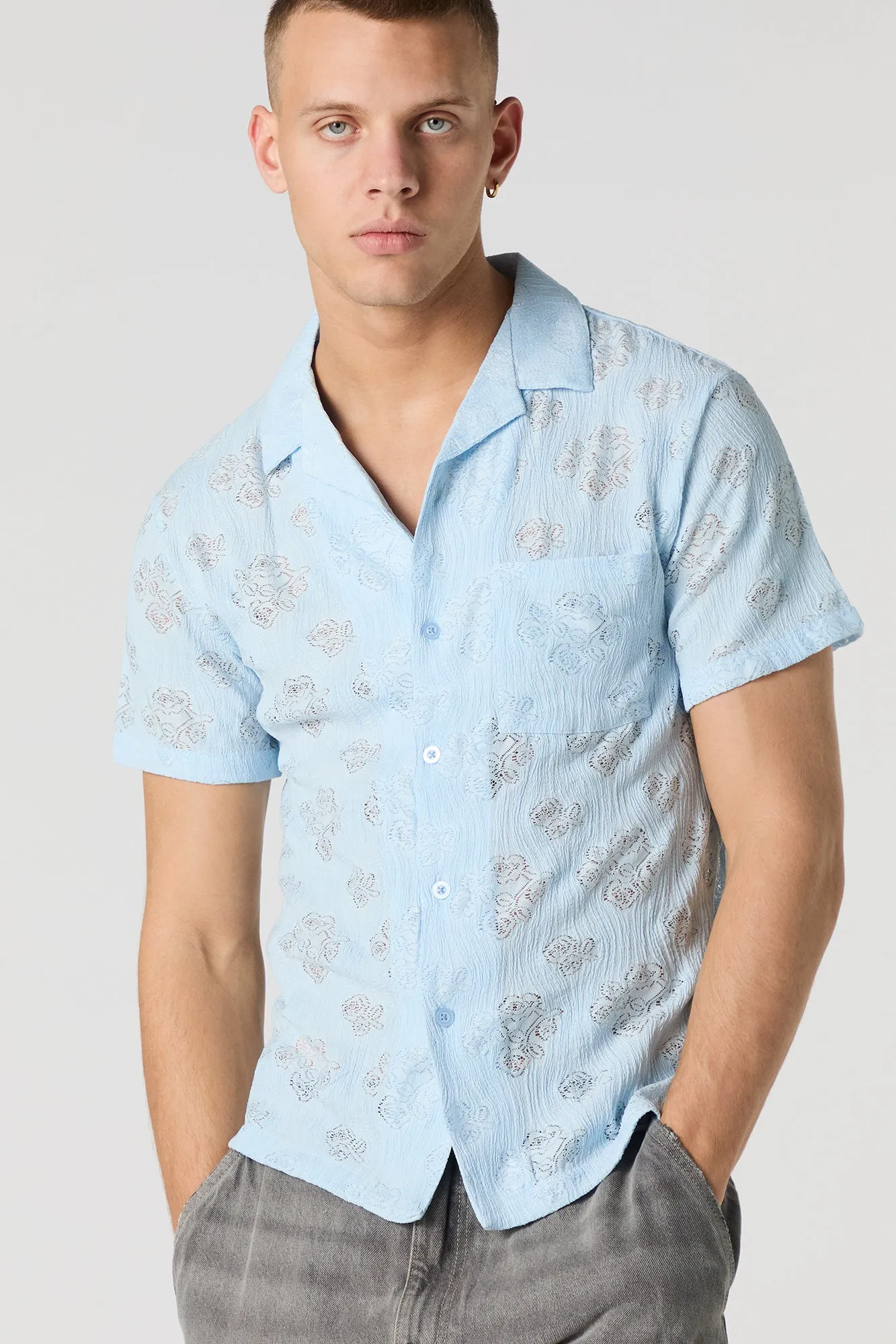 Floral Pointelle Knit Button-Up Top