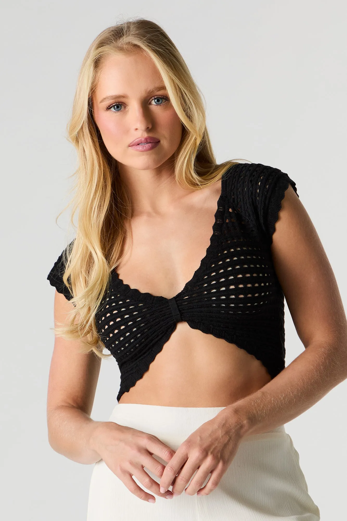 Open Knit V-Neck Crop Top