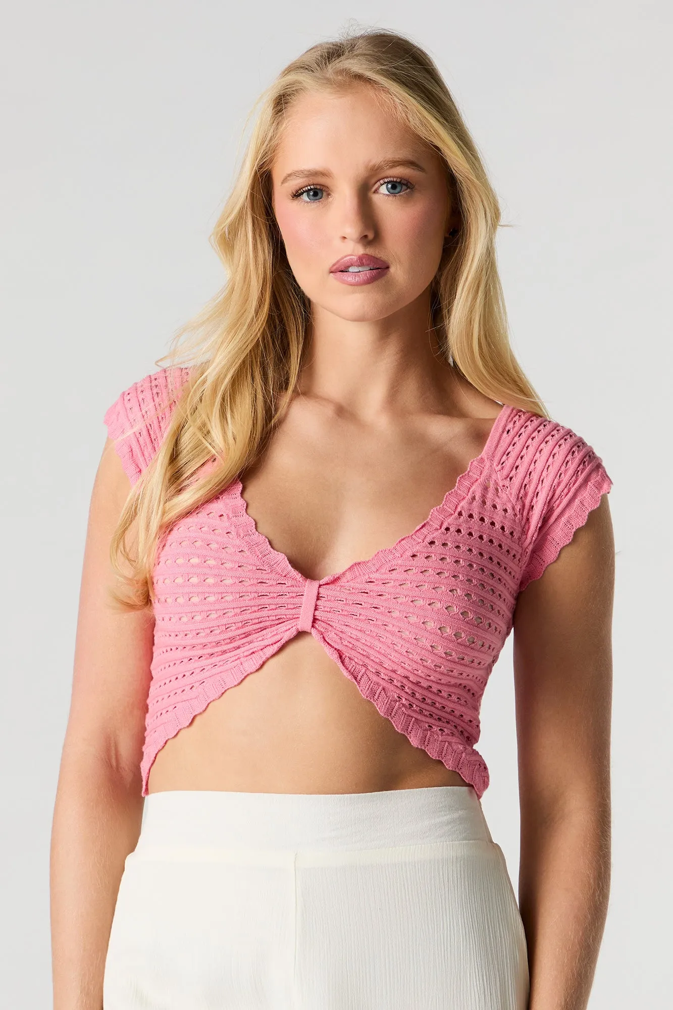 Open Knit V-Neck Crop Top