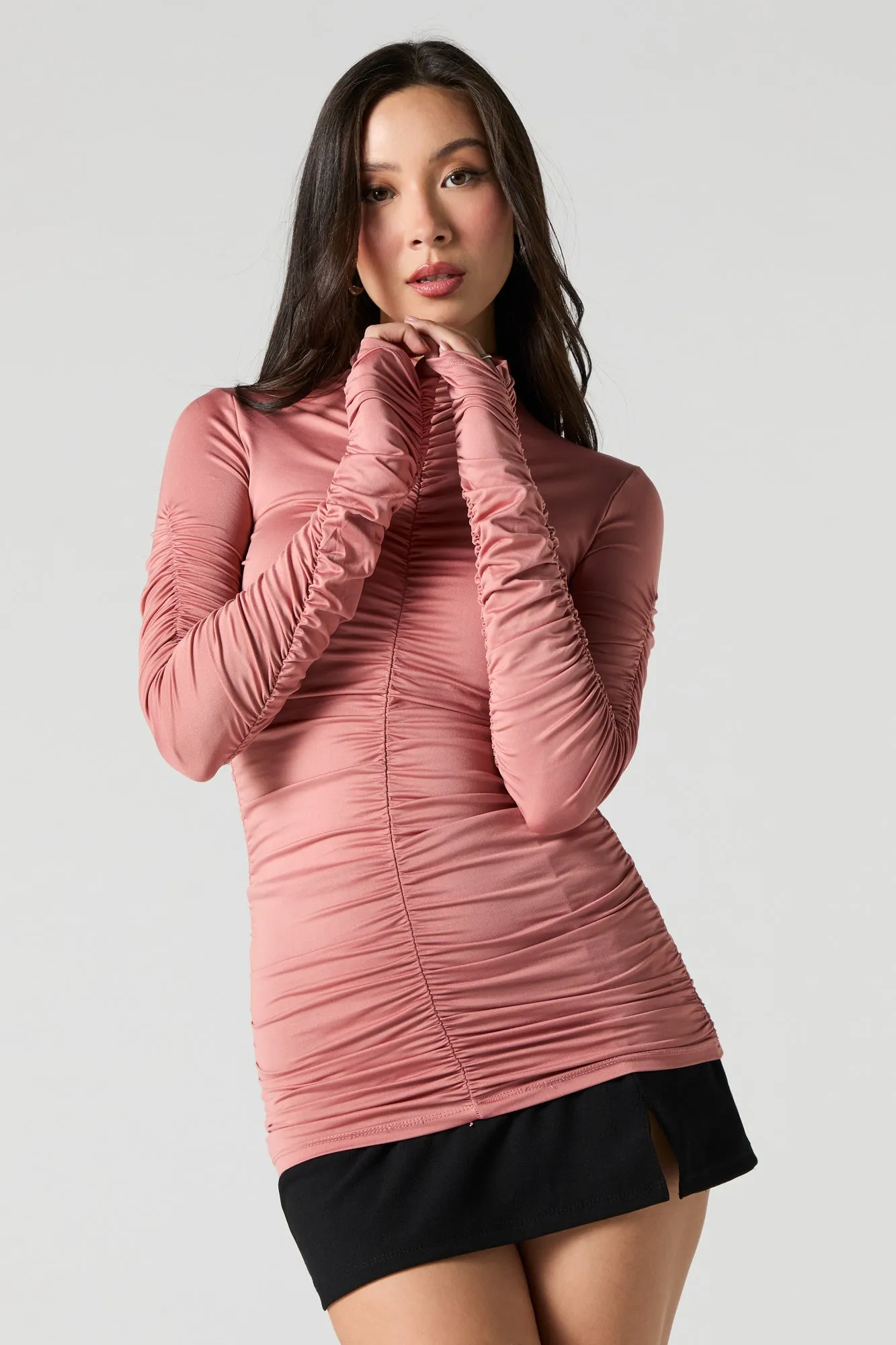 Ruched Long Sleeve Mock Neck Top