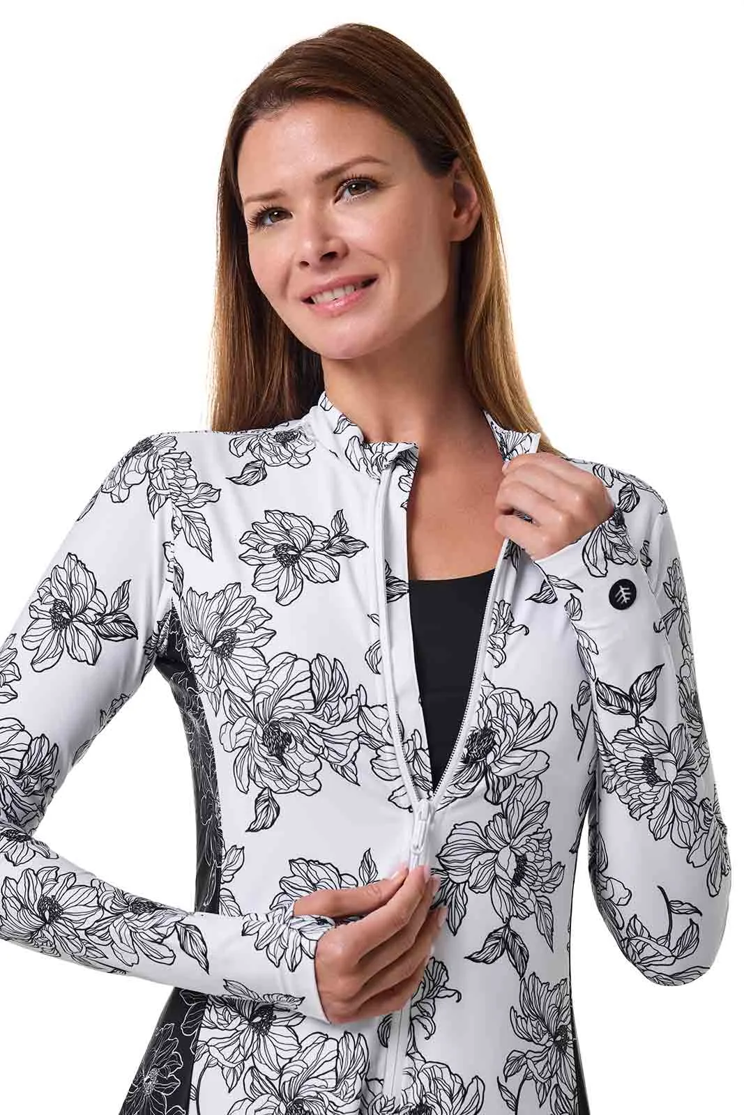 Women's Aspen Sunrise Long Sleeve Swim Dress | White/Black Colorblock