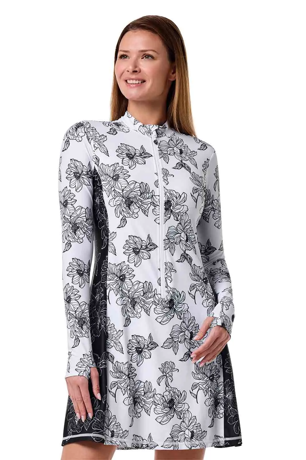 Women's Aspen Sunrise Long Sleeve Swim Dress | White/Black Colorblock
