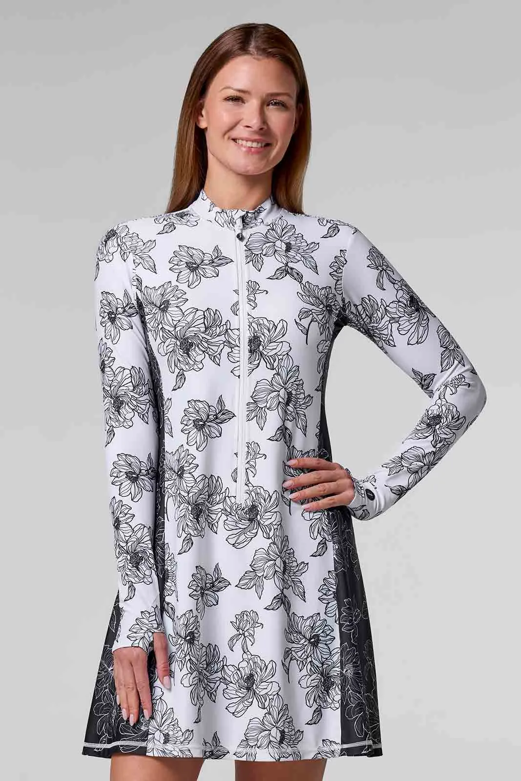Women's Aspen Sunrise Long Sleeve Swim Dress | White/Black Colorblock