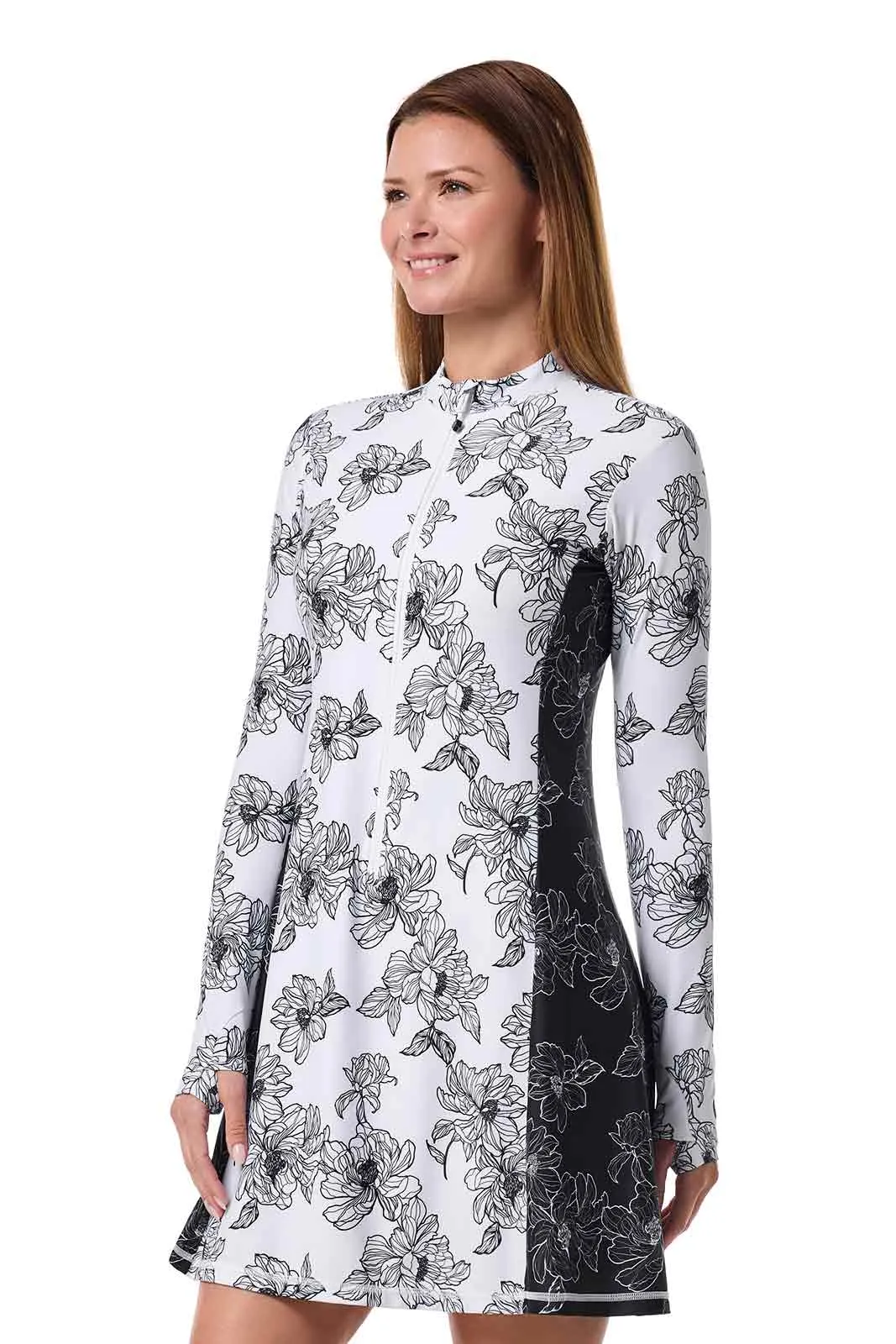 Women's Aspen Sunrise Long Sleeve Swim Dress | White/Black Colorblock